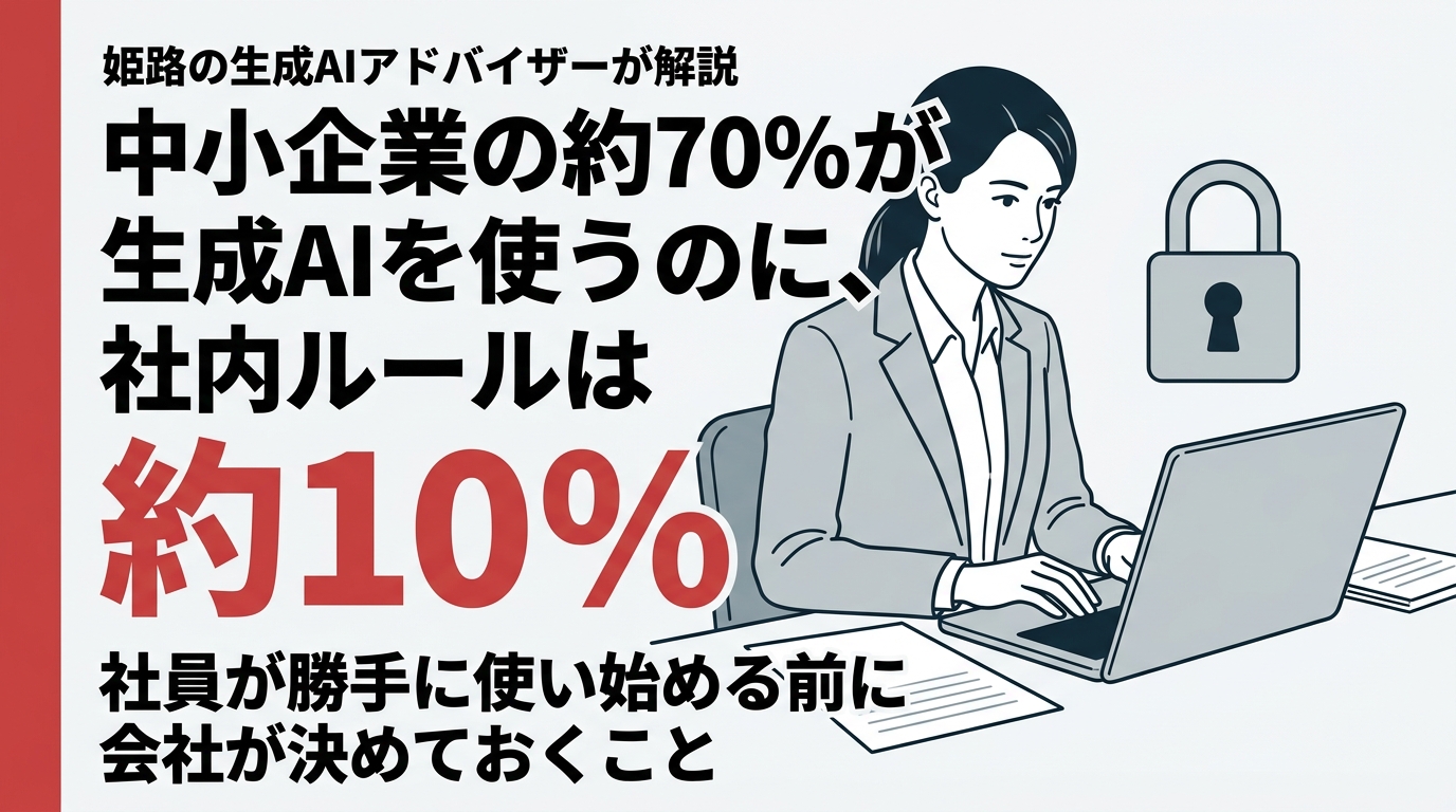 中小企業の約70%が生成AIを使うのに、社内ルールは約10%｜姫路の生成AIアドバイザーが伝える、社員が勝手に使い始める前に会社が決めておくこと