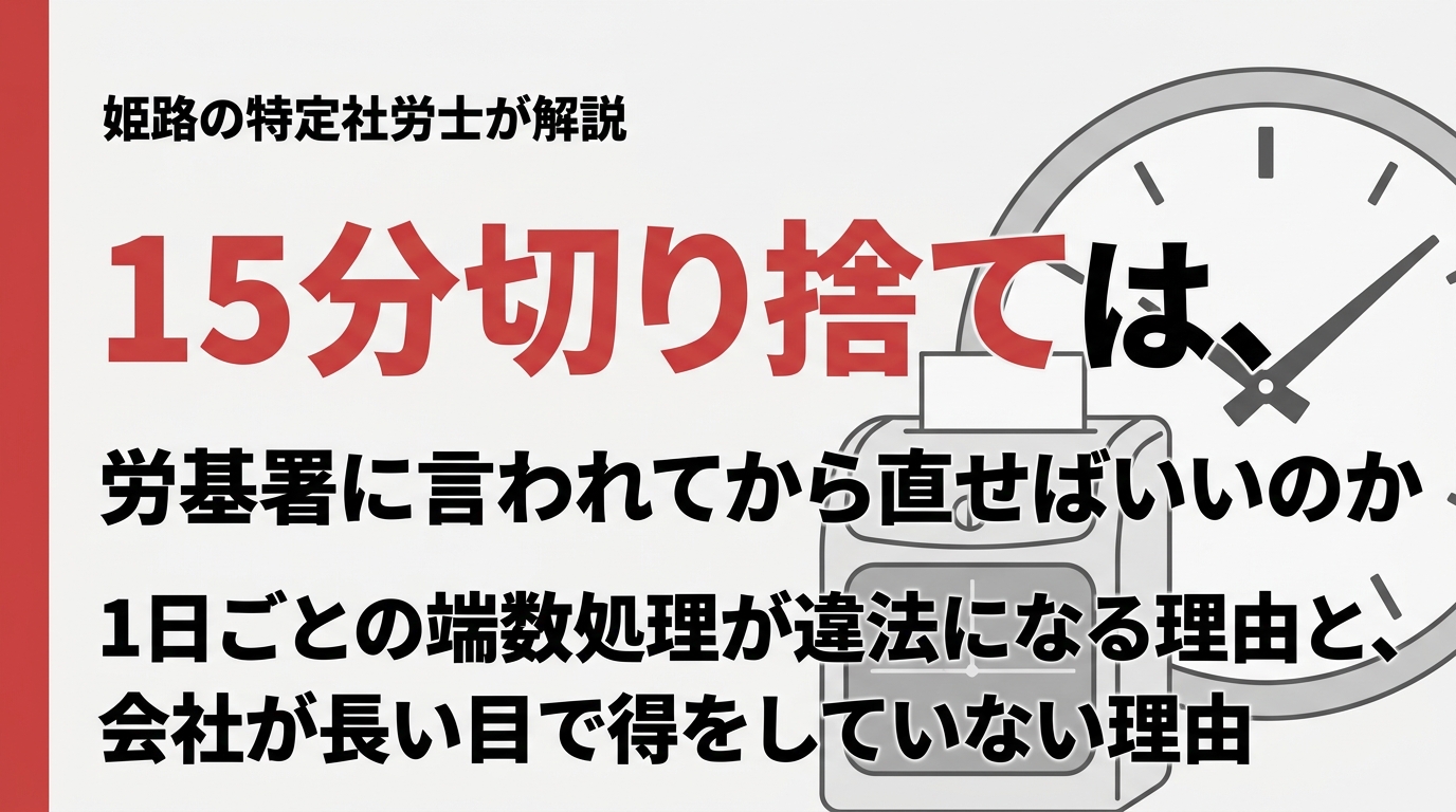 15分切り捨ては、労基署に言われてから直せばいいのか｜姫路の特定社労士が伝える、労働時間の1日ごとの端数処理が違法になる理由と、会社が長い目で得をしていない理由